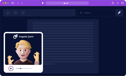 An image representing the pdf page on a dark blue background; a screen representing the sign language translater screen to the left of the image; Inside the screen, there is a man with short blond hair representing a sign language interpreter, with his hands raised to the sides at head level, symbolized as speaking in sign language.